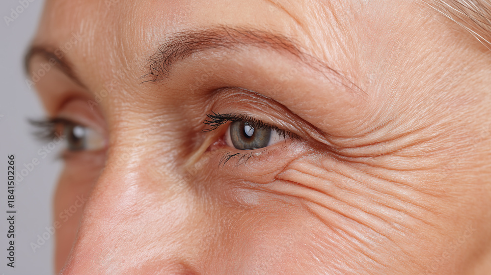 Obraz premium Extreme close up of mature woman eye area showing delicate fine lines, wrinkles, and natural skin texture, highlighting aging process and healthy complexion