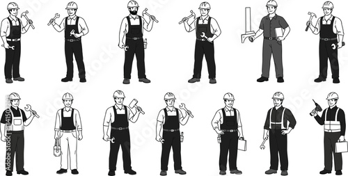 Construction workers illustration, industrial labor team, professional tradespeople, safety gear, mechanical tools, teamwork concept, vector art, 