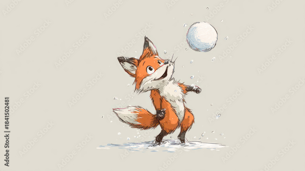 Obraz premium Cute cartoon fox playfully looking up at a snowball, ready to catch it in the winter