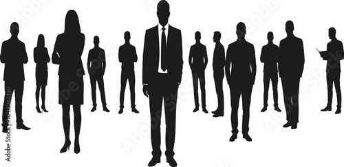 Corporate silhouettes group, professional men women in business attire, leadership teamwork diversity unity concept, office staff standing poses 