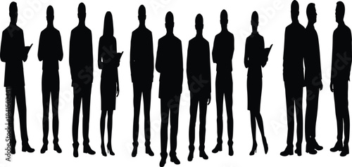 Corporate silhouettes group, professional men women in business attire, teamwork diversity unity concept, office staff standing poses vector illustration designCorporate silhouettes group, 