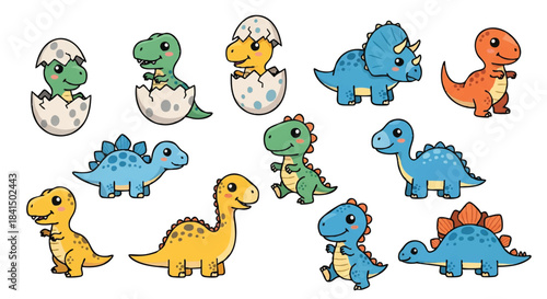 Colorful flat 2D vector icons of cute prehistoric baby dinosaur hatchlings isolated on a clean white background, perfect for fun children's themes.