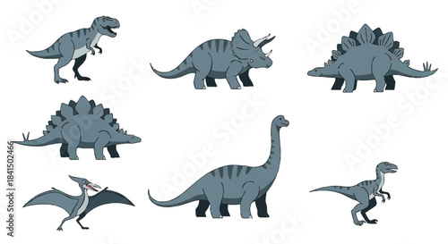 Flat 2D vector illustration featuring a set of minimal prehistoric animal icons, including Tyrannosaurus Rex and Triceratops, isolated on a clean white background.