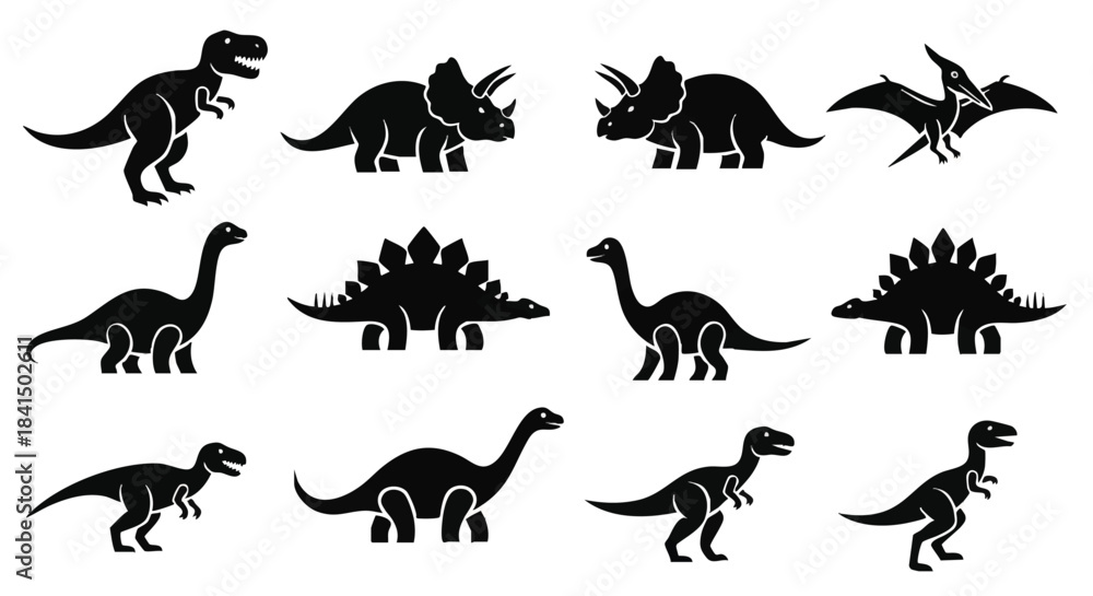 Obraz premium Minimal 2D flat design monochrome dinosaur icon pack, showcasing essential prehistoric animal silhouettes like T-Rex, Triceratops, and Pterodactyl, isolated vector illustration on white.
