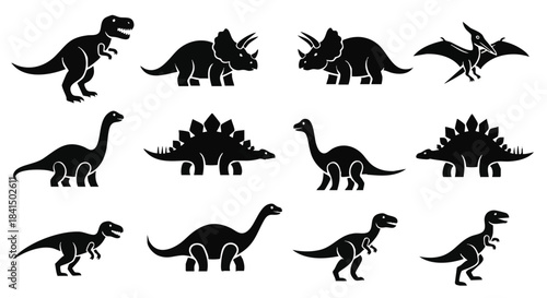 Minimal 2D flat design monochrome dinosaur icon pack, showcasing essential prehistoric animal silhouettes like T-Rex, Triceratops, and Pterodactyl, isolated vector illustration on white.