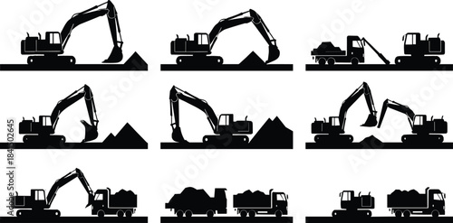 Excavator loading dump truck, construction site workflow, earthmoving process, heavy machinery silhouettes, industrial equipment, material handling, vector illustration, engineering vehiclesExcavator 
