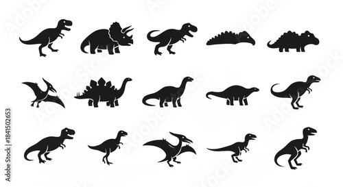 Simple prehistoric dinosaur creatures silhouette icon pack, a collection of flat 2D vector illustrations isolated on a plain white background.