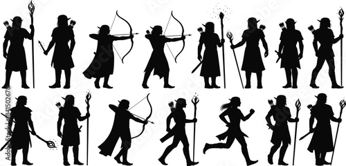Fantasy silhouettes, archer and mage vector set, characters with bows and staffs, magical action poses, role‑playing icons, adventure design, storytelling, gameFantasy silhouettes, archer and 