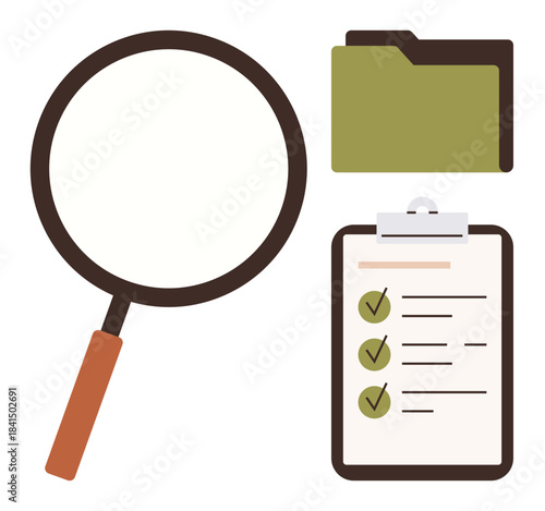 Magnifying glass, green folder, and checklist with marked tasks symbolize research, organization, and productivity. Ideal for project planning, analysis, data review, productivity auditing tracking