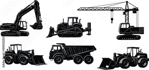 Heavy construction machinery silhouettes, excavator, bulldozer, tower crane, front loader, dump truck, industrial equipment, earthmoving tools, engineering vehicles, vector illustration, 