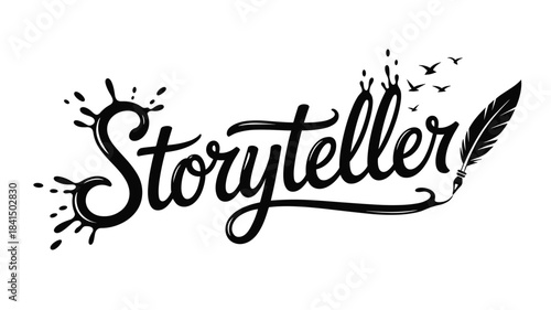Illustration of the word storyteller in a decorative black font with a feather and birds flying