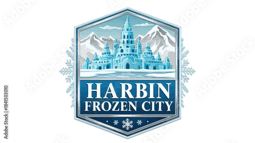 Harbin Frozen City: A stunning, artistic emblem encapsulates the frosty beauty of Harbin, a city known for its winter wonderland charm.