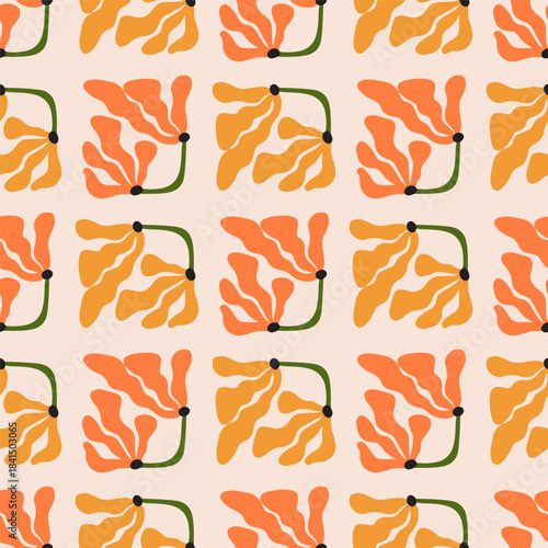 Floral seamless pattern doodle design. Hand drawn orange abstract flowers on beige background. Ornate vector florals for stationery, textile design.