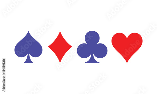 Playing card suit icons set featuring spade, diamond, club and heart symbols for games, entertainment and design