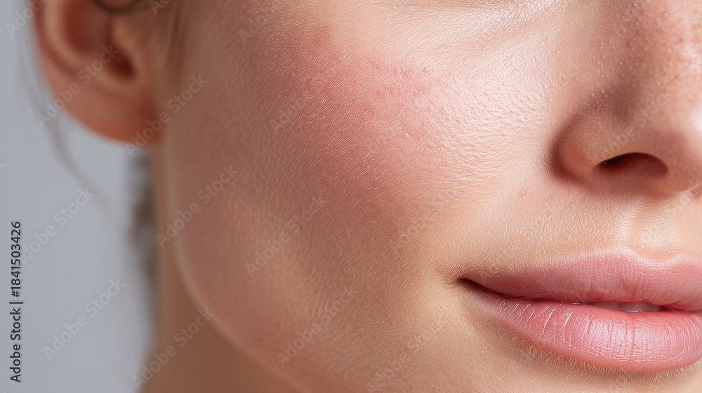 Obraz premium Smooth cheek with visible pores, natural skin texture, and subtle redness, showing healthy complexion and soft lips in close up macro shot, evoking calm and fresh feeling