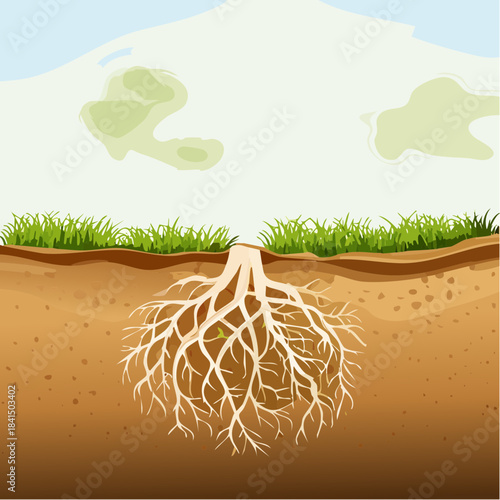 Detailed illustration of a plant's extensive root system growing in rich brown soil beneath a grassy green surface under a bright blue sky with fluffy white clouds and soft daylight illumination