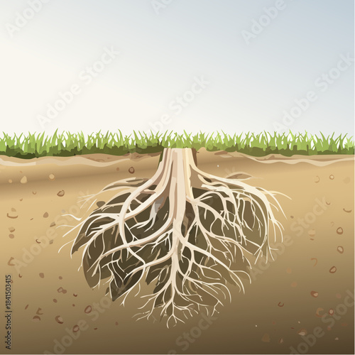 Detailed illustration of a mature tree root system spreading through brown soil and rocky earth beneath a grassy surface under bright daylight sky with soft gradient lighting