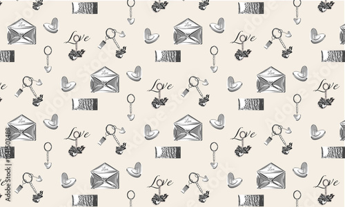 Valentine romantic background with ghrome minimalistic elegant silver hearts, cupid, love letter.