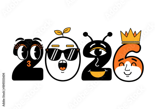 A whimsical illustration of the year 2026 depicted as anthropomorphic characters with distinct personalities and features.