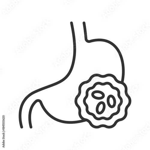 Stomach cancer icon in line design. gastric tumor, oncology, cancer cell, diagnosis, pathology, screening, treatment on white background vector. stomach cancer editable stroke icon