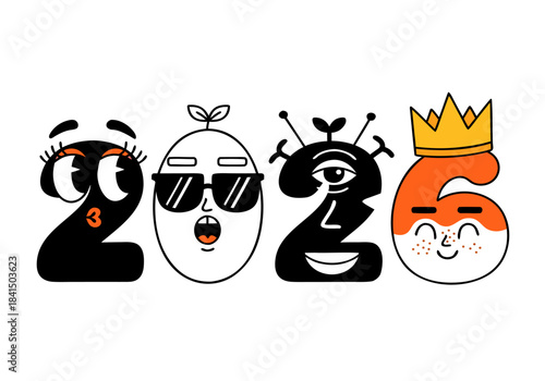 A whimsical illustration of the year 2026 depicted as four anthropomorphic numbers with distinct facial expressions and accessories.