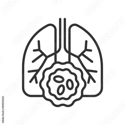 Lung cancer icon in line design. pulmonary tumor, oncology, cancer cell, diagnosis, screening, pathology, treatment on white background vector. lung cancer editable stroke icon