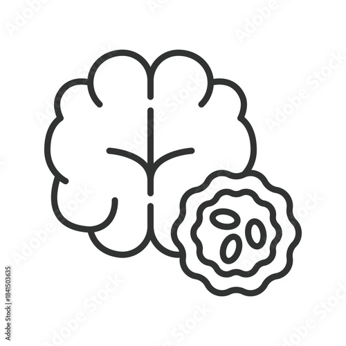 Brain cancer icon in line design. brain tumor, oncology, cancer cell, diagnosis, pathology, neurology, treatment on white background vector. brain cancer editable stroke icon