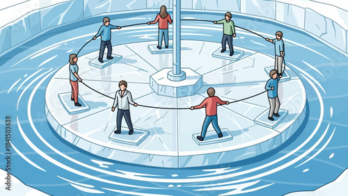 Teamwork on Ice: A cohesive group of individuals stand on floating ice blocks around a central point. United by a rope, they are focused on coordination.