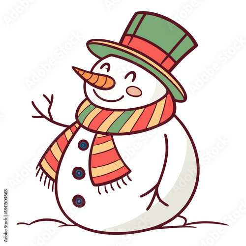 Cute & Hand Drawn Cartoon Snowman Vector Art – Happy Winter Holiday, Christmas and New Year Decoration, Festive Character Waving, Cheerful Simple, Isolated Illustration, Mascot, Fun, Frosty & Adorable