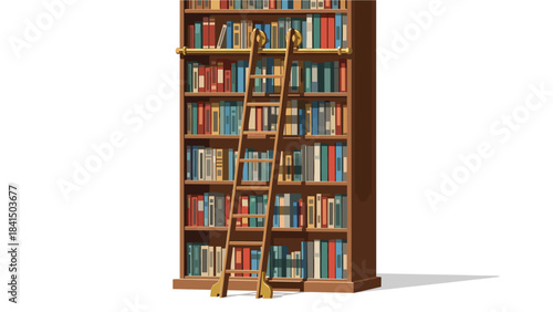 Illustration of a tall wooden bookshelf filled with colorful books and a ladder leaning against it