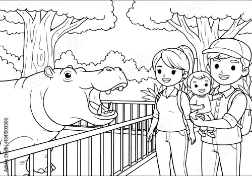 A family with a baby visiting a zoo and watching a hippopotamus with its mouth open, a coloring page illustration.
