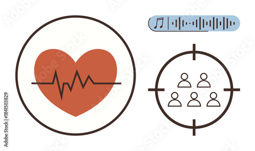 Heart with pulse line, sound waveform, group of individuals in a target frame. Ideal for healthcare, audience targeting, communication, marketing, wellness diagnostics focus concept. Simple flat