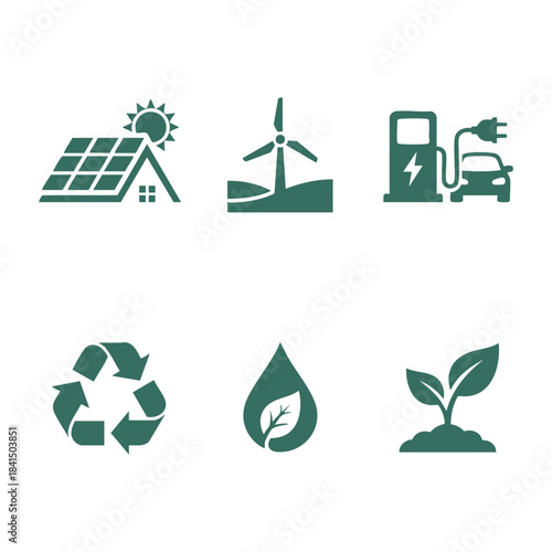 A collection of six flat, stylized icons representing environmental sustainability, renewable energy, and ecological concepts. The set includes symbols for: solar power on a house, wind energy (turbin