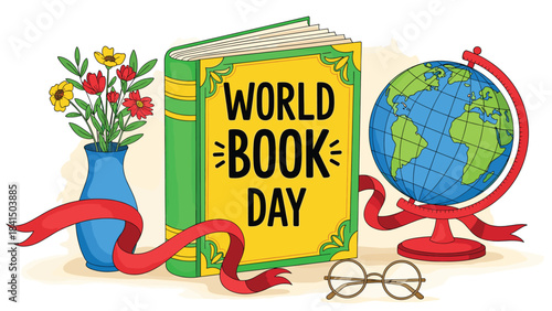 Illustration of world book day illustration with book globe flowers and glasses