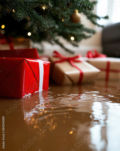 A festive setting showcasing a Christmas tree surrounded by partially submerged gifts, emphasizing the conflict between holiday joy and unexpected challenges like flooding.