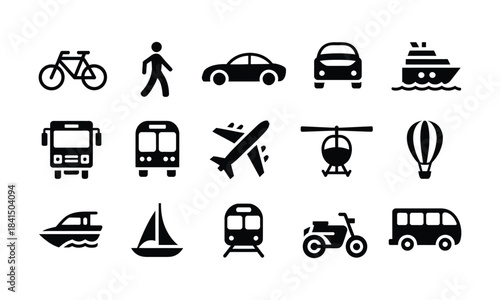 Transportation icons set featuring bicycle, car, bus, train, airplane, ship, pedestrian, motorcycle and other travel modes