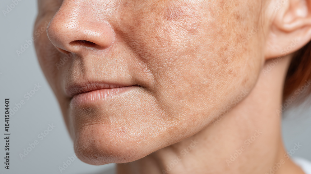 Fototapeta premium Close up of mature woman face showing skin texture, mild redness, pigmentation, and age spots on jawline, highlighting natural aging and realistic complexion