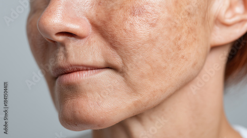 Close up of mature woman face showing skin texture, mild redness, pigmentation, and age spots on jawline, highlighting natural aging and realistic complexion