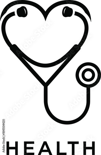 Heart shaped stethoscope logo with the word health symbolizing cardiology, medical care, and doctor checkup on white background, medical service symbol