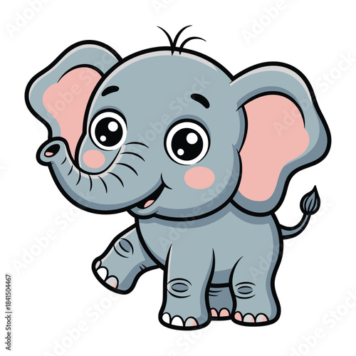 A funny pink baby elephant cartoon drawing, a cute wild animal character illustration vector for fun safari art.