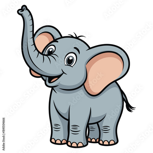 A funny pink baby elephant cartoon drawing, a cute wild animal character illustration vector for fun safari art.