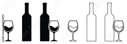 Alcohol Bottles and Glasses Collection in Black Silhouette Style Vector Illustration.