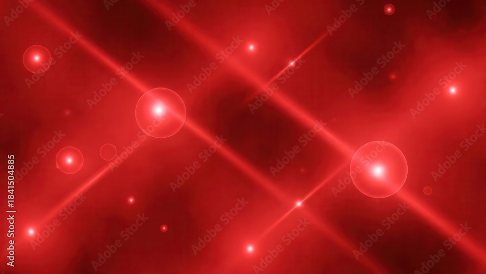 Obraz premium Deep red abstract background with radiant orbs and crossing light rays, symbolizing futuristic technology, cosmic energy, and vibrant digital graphic design.