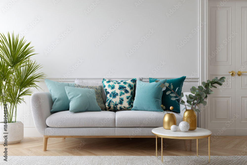 Naklejka premium 3D visualization of a modern living space with a sofa and stylish decor set against a white backdrop.