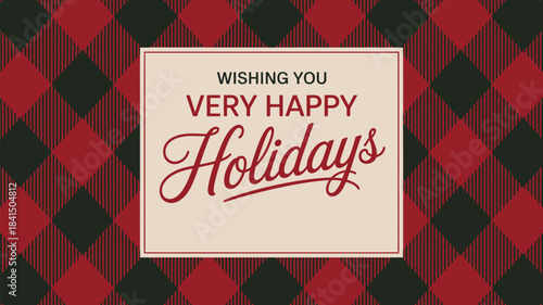 Classic holiday greeting card design featuring red and black buffalo plaid pattern, elegant script typography, and a warm festive message for the season