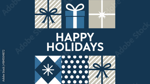 Elegant holiday greeting design featuring geometric gift boxes, star motifs, and a bold Happy Holidays message on a deep blue festive background