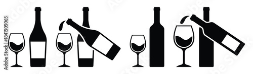 Bottle with Glass Icon Set.