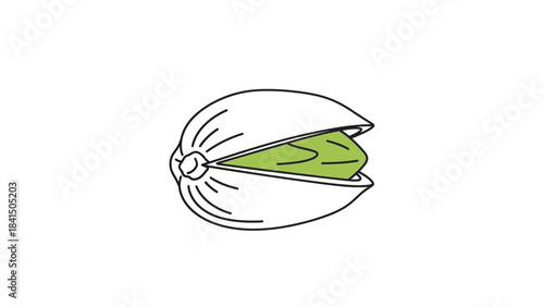Simple Line Art Illustration of an Opened Pistachio Nut in Shell on White Background