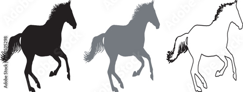 Running Horse Silhouettes and Outline Vector Graphic Set Isolated