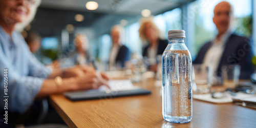 A detailed close-up shows a water bottle placed on a conference table, while business professionals converse in the blurred background, reflecting a corporate setting.